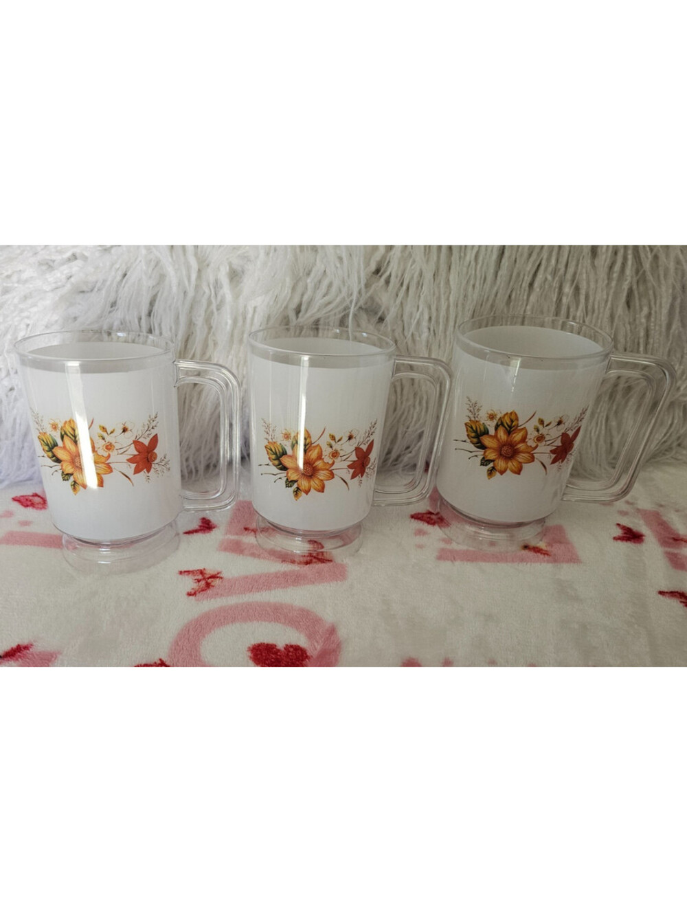 (Set of 3) Vintage Plastic Frost Floral Pedestal Mugs Cups Hong Kong 4.5" Tall
